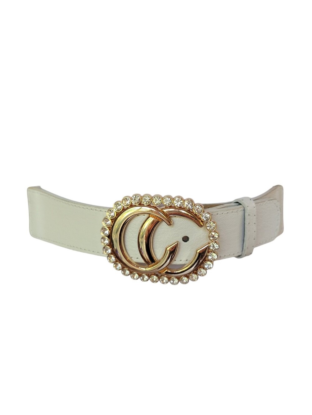 White Gold Rhinestone CC Interlocking Buckle Stretch Waist Belt Glam Chic